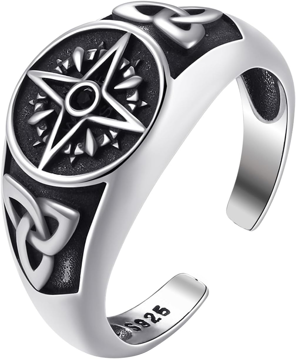 925 Sterling Silver Celtic Knot Ring Adjustable Open Compass Ring Black North Star Rings Irish Vintage Jewelry with Gift Box for Men Women
