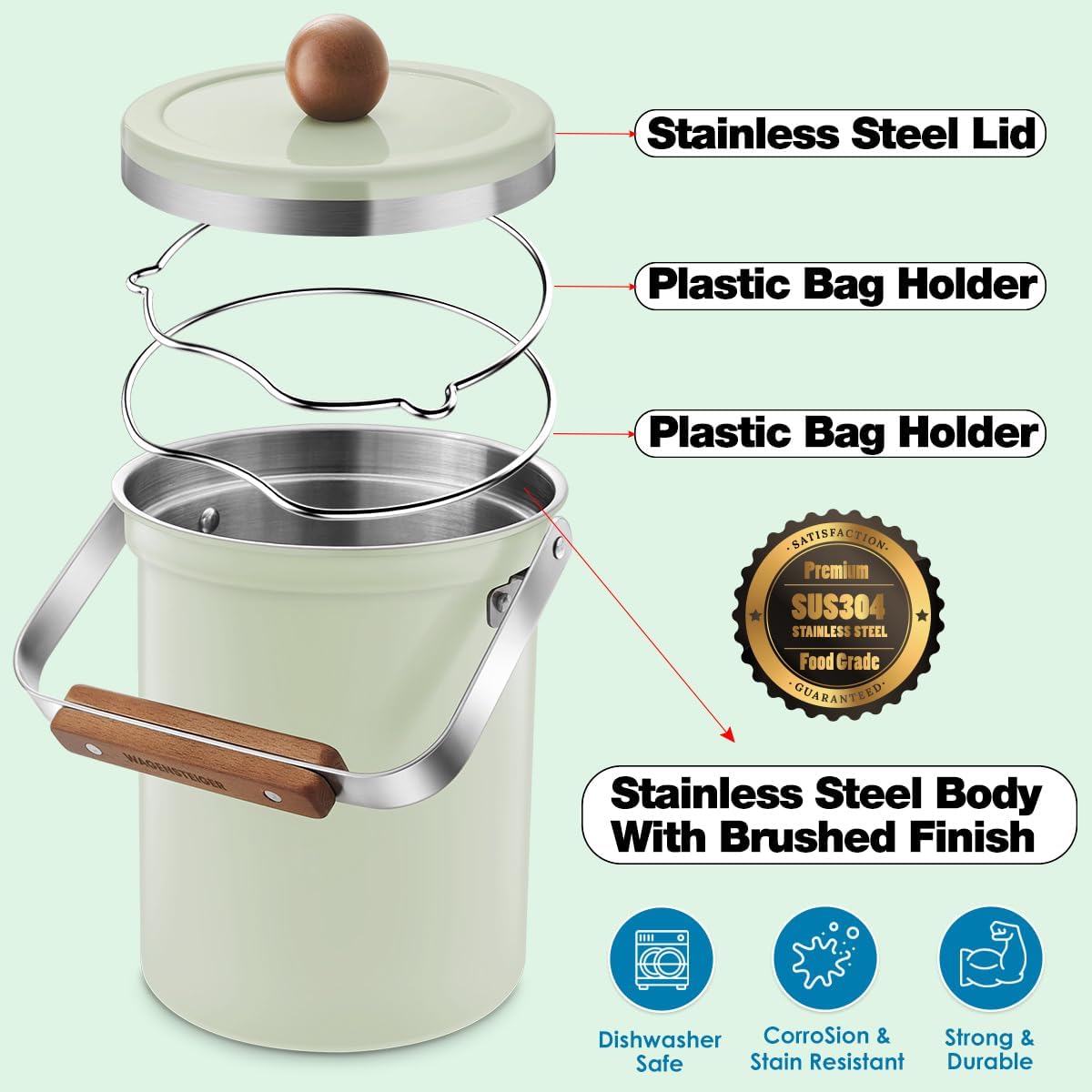 WAGENSTEIGER Kitchen Countertop Compost Bin 101Ounces / 3Liter with Airtight Lid, SUS304 Stainless Steel Odor-Free Food Waste Bin with Wooden Handle Stylish Design/Bathroon Trash Can (Mint Green)