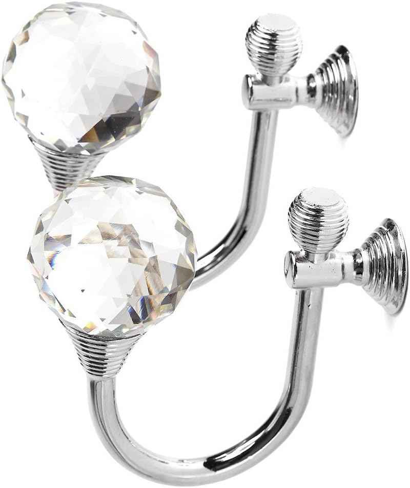 BTSKY 2 Pieces Clear Crystal Wall Mounted Curtain Holdbacks Tassel Curtain Hook Multi Use Wall Hook Coat Hanger (Silver)