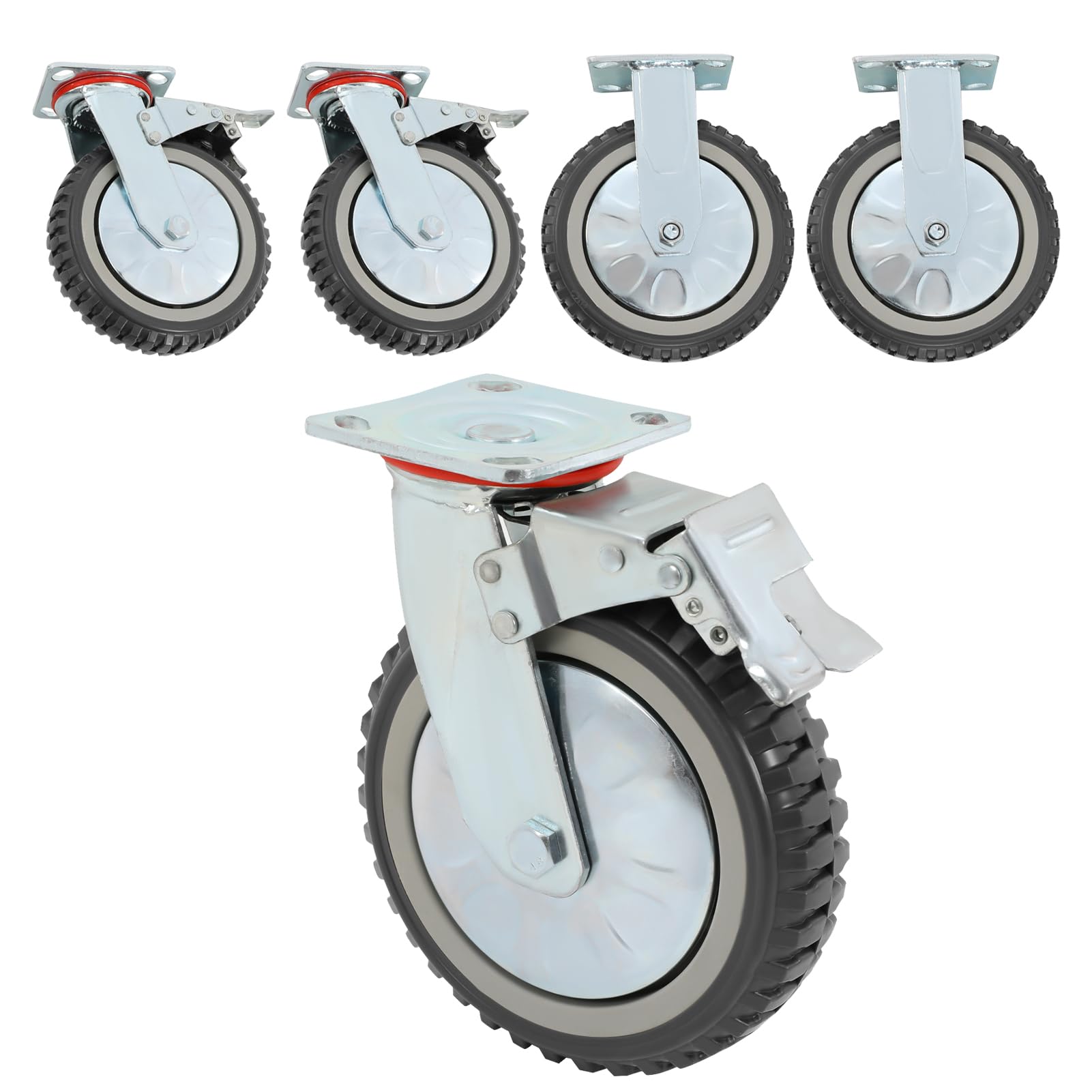 Schwerlastrollen Möbelrollen 200mm, 4er Set Rollen mit Bremse & Bockrollen - 360° Drehbar Lenkrollen - Transportrollen für Viele Bodenarten, Gesamtbelastbarkeit 700 kg