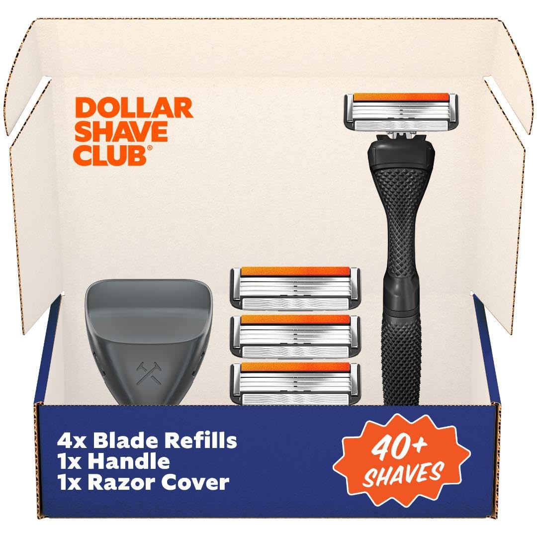 Dollar Shave Club - Travel Shaving Kit with Diamond Grip Razor Handle, 4-Blade Razor Blade Refills, & Razor Blade Cover, Easy to Grip Handle, Shaving Starter Set, Razor Kit, Great for Travel, Blue