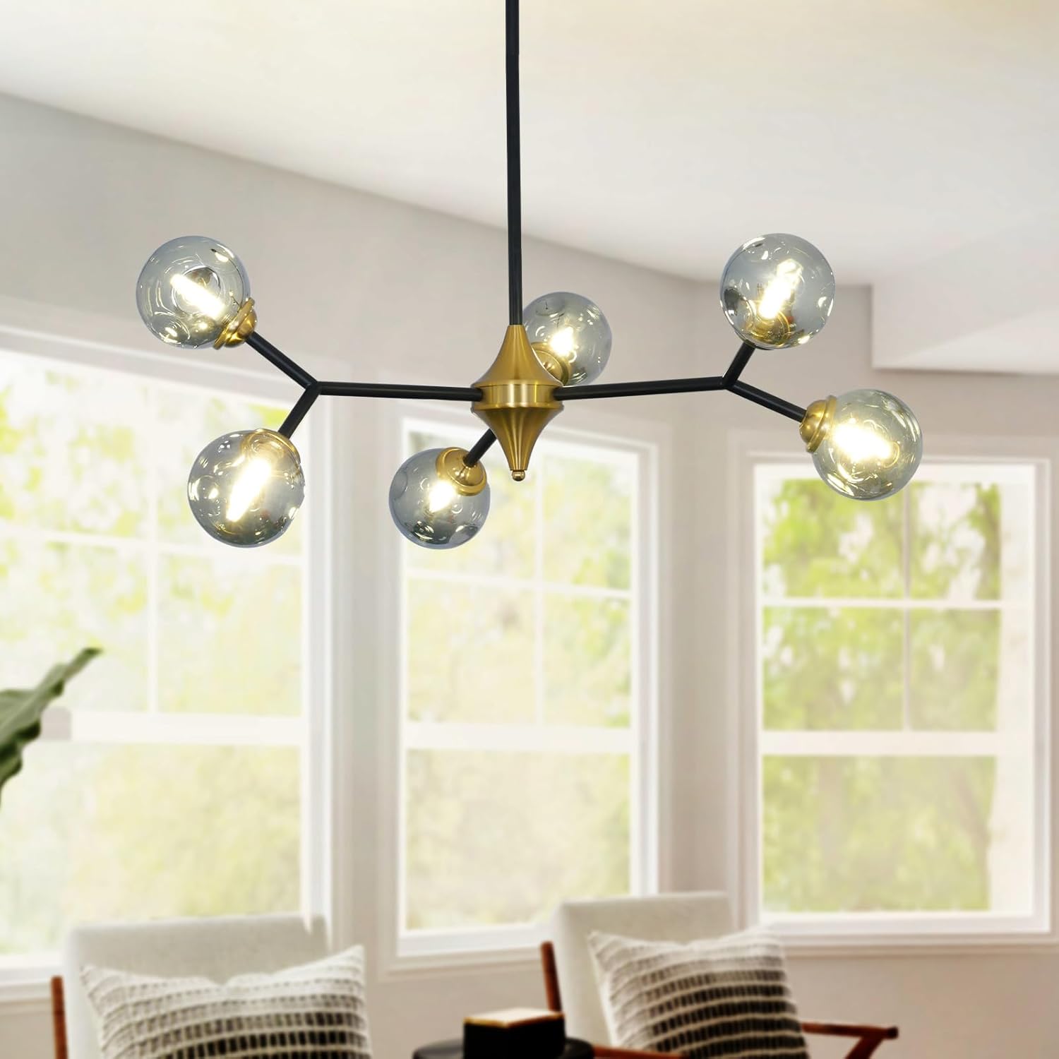 Depuley Glass Globe Sputnik Chandelier: 6-Light Mid-Century Modern Chandelier Matte Black and Gold Ceiling Light Fixture - Vintage Hanging Chandeliers for Kitchen Dining Room (Included G9 Bulbs)