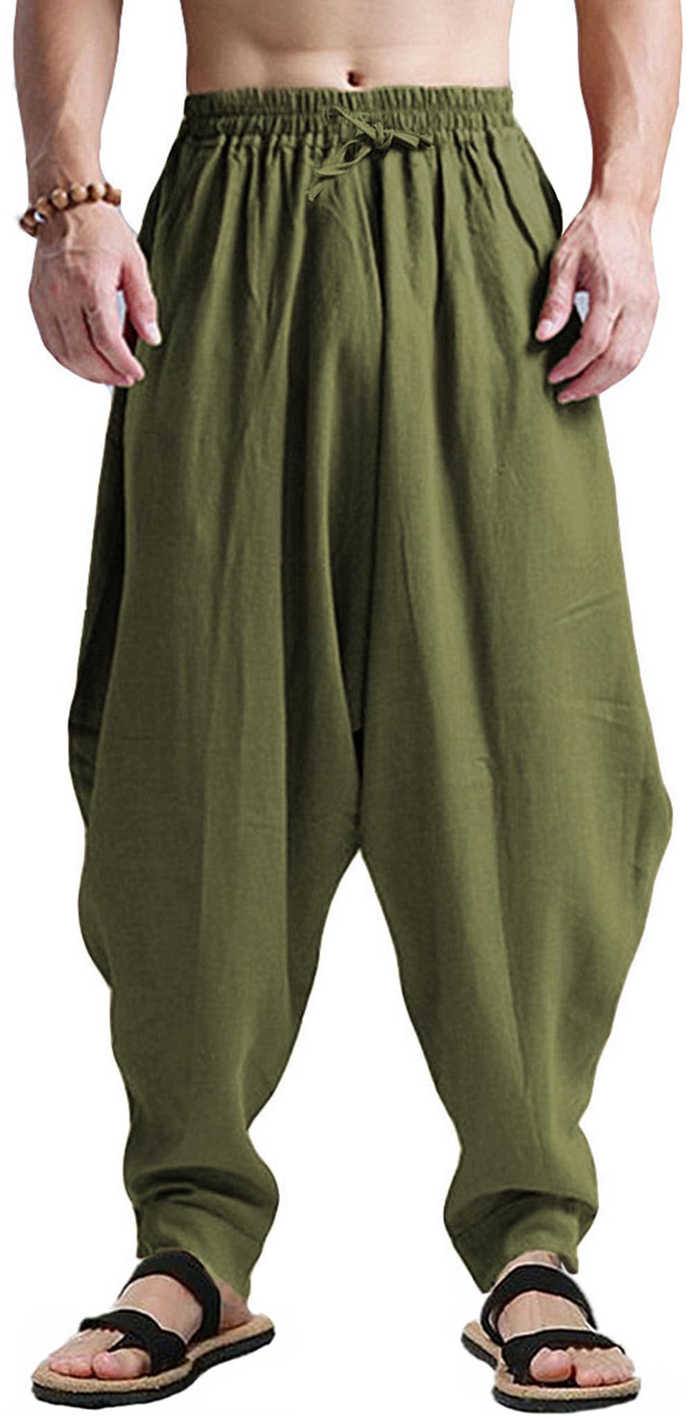 perdontoo Mens Harem Pants Loose Fit Elastic Waist Drawstring Aladdin Hippie Trousers