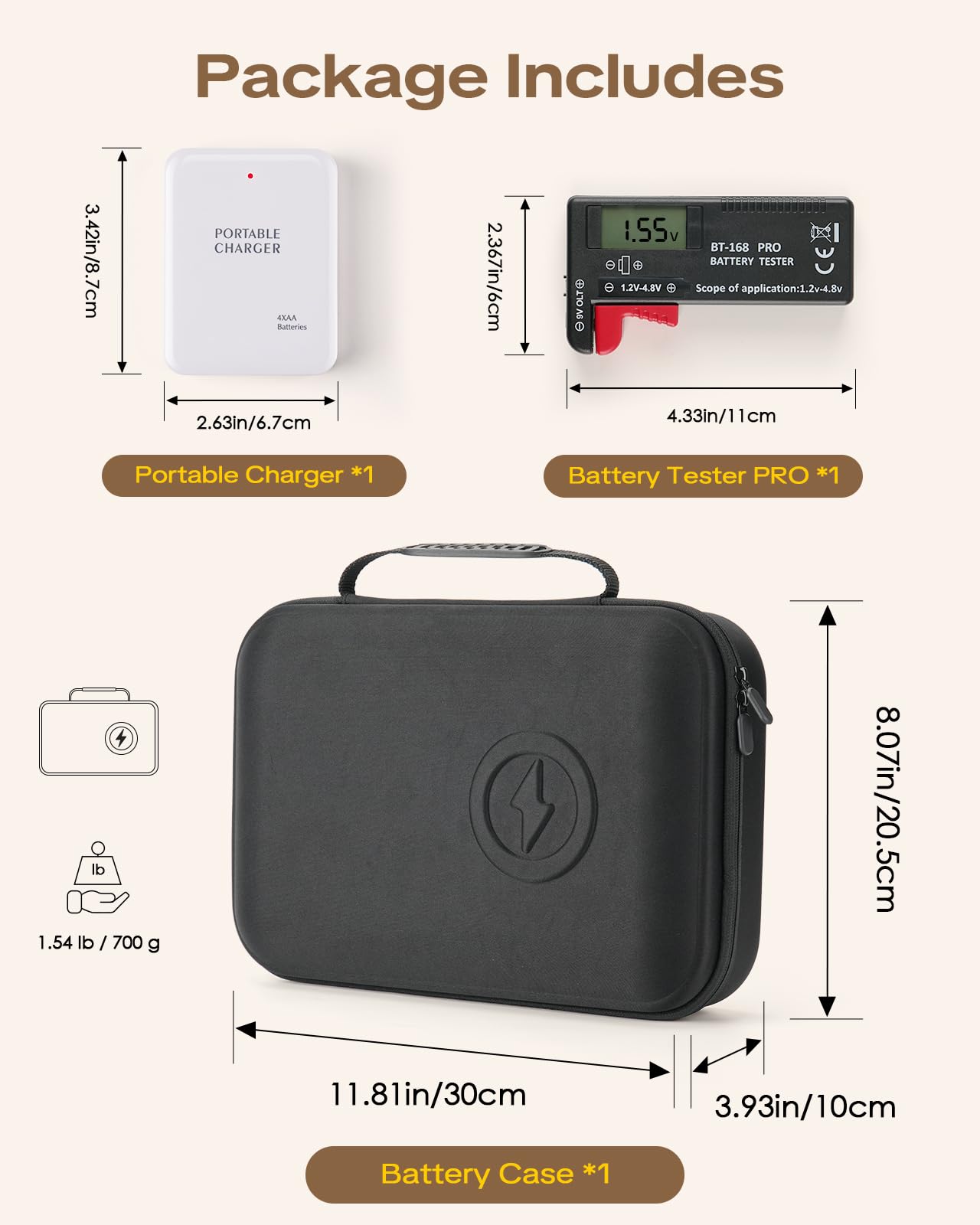 Custodia organizer per batterie con power bank di emergenza, converte 4 batterie AA in caricabatterie per telefono con tester BT-168 PRO per AA AAA C D 9 V CR2032 3 V, supporto sicuro per batterie