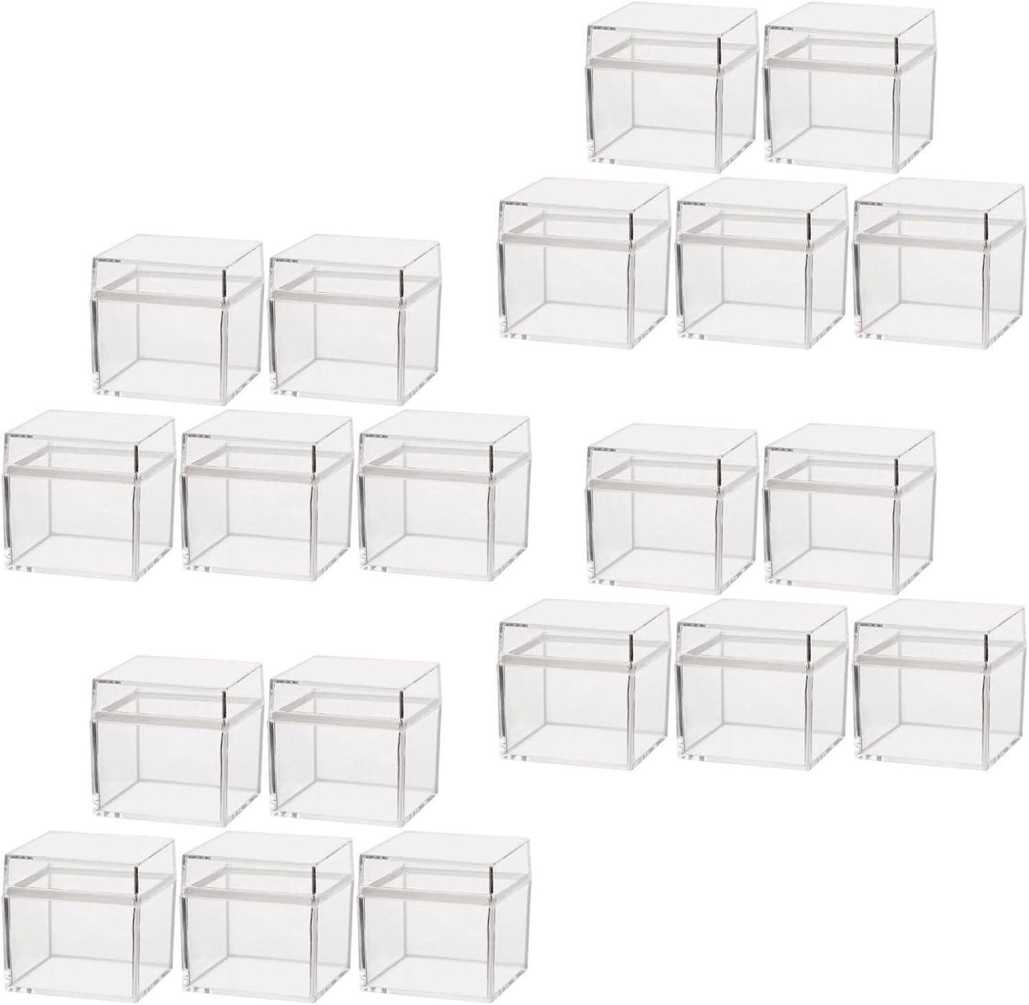 BUGUUYO 20pcs Small Square Plastic Candy Boxes with Lid, 5x5x5cm Mini Cube Storage Containers for Dessert and Chocolate, Stable Stacking for Gift Arrangement and Everyday Snack Sorting