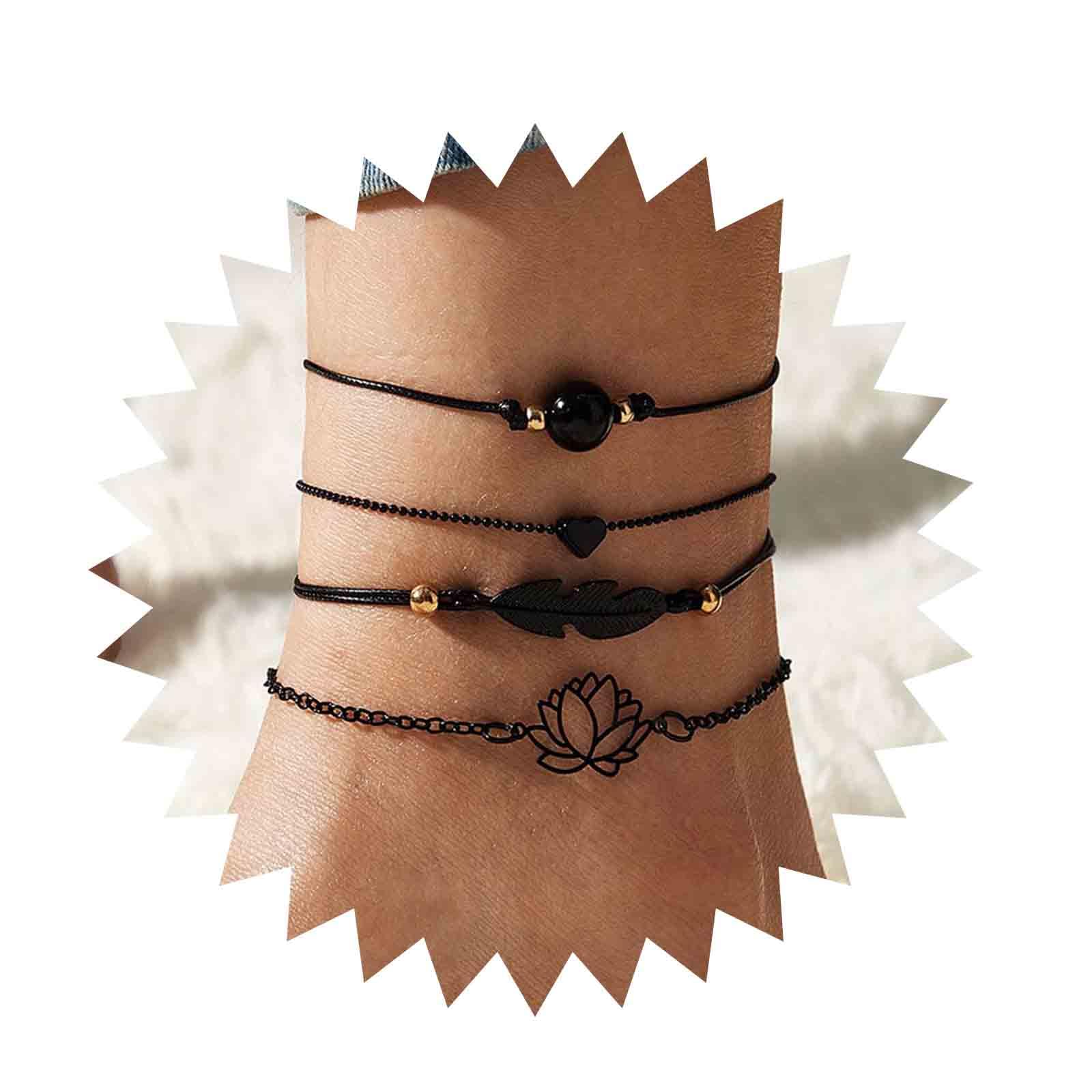 Inateannal4Pcs Anklet Bracelet for Women Black Leaf Bead Braided Cord Anklet Dainty Hollow Lotus Heart Ankle Chain Summer Beach Foot Jewelry for Teen Girls