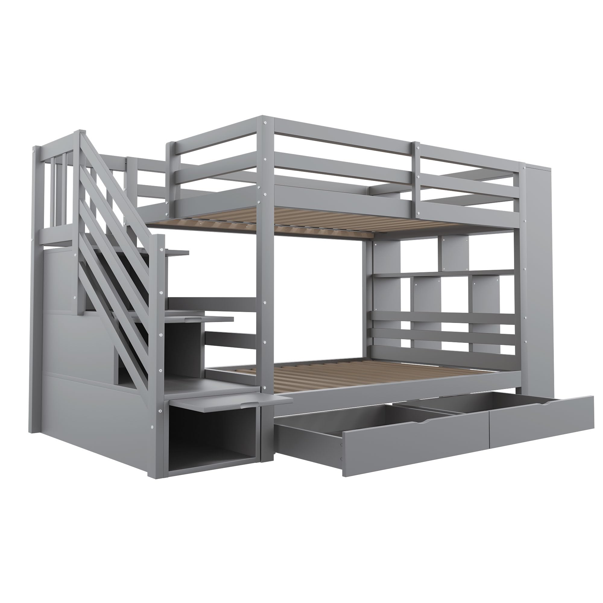 Etagenbett 90×200,Kinderbett mit Stauraum Treppe,Jugendbett mit 2 Schubladen/großen Schließfächern/Sicherheitszaun Kiefernbett mit Lattenrost,ohne matratz (Grau)