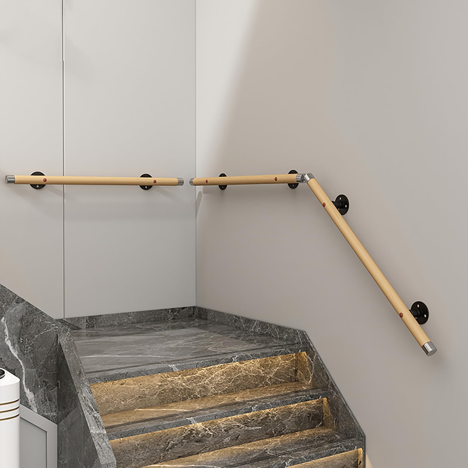Barandilla de Escalera clásica de Madera Antideslizante para Interiores y Exteriores, Ideal para niños y Ancianos. Incluye balaustre de Seguridad montado en la Pared con Accesorios completos