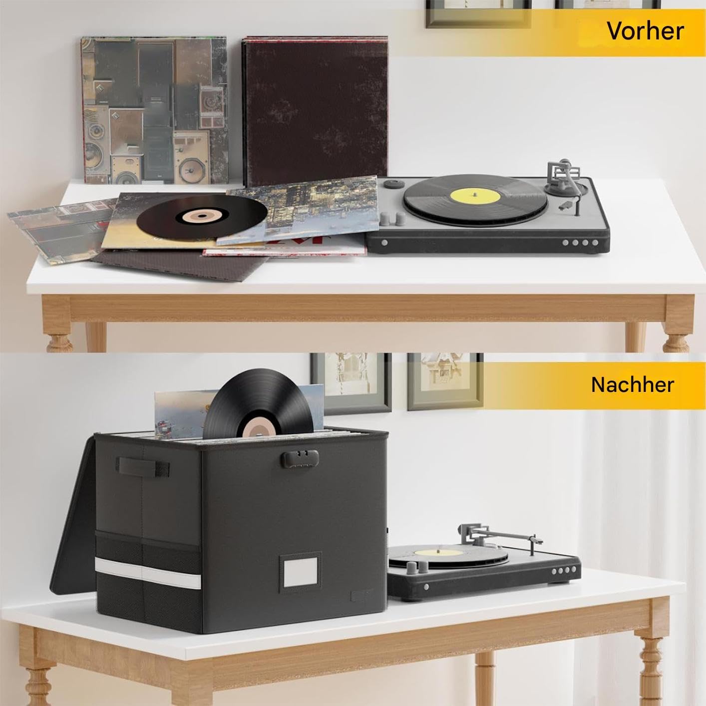 Generisch Vinilo Record Storage, Lp Album Crate, Large Carrying Case, Organizer Box with Lid and Handles for Turntable Accessories, Album Collection, Home, Office, Studio, 16.1 x 13 x 13 pulgadas