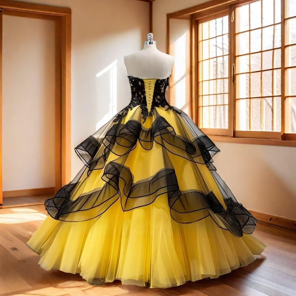 XYAYE Strapless Gothic Quinceanera Dresses Ball Gown Puffy Tulle Sweet 15 16 Dresses Sweetheart Black Tiered Lace Prom Dress