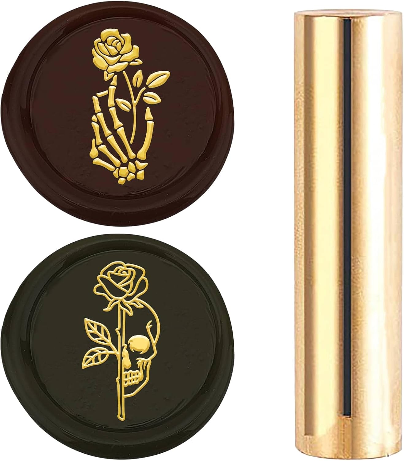 CRASPIRE 2 Side Pattern Skull Skeleton Hands Rose Wax Seal Stamp 15mm Mini Gothic Brass Gold Column Vintage Retro Sealing Stamps Flower Plant for Halloween Wedding Invitations Cards Bottle Decoration