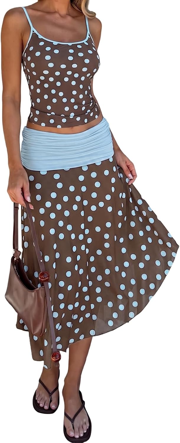 Womens Summer 2 Piece Skirt Set Polka Dot Y2K Vacation Outfit | Adjustable cami top, asymmetrical skirt, mesh skirt lined, stretch fabric, going out vacation, brunch party date