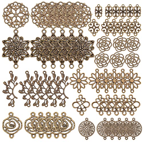 SUNNYCLUE 1 Box 60Pcs 10 Styles Flower Connector Charm Antique Bronze Hollow Filigree Floral Links Alloy Flat Round Leaf Knot Vintage Pendants for Jewelry Making Charms DIY Bracelets Findings