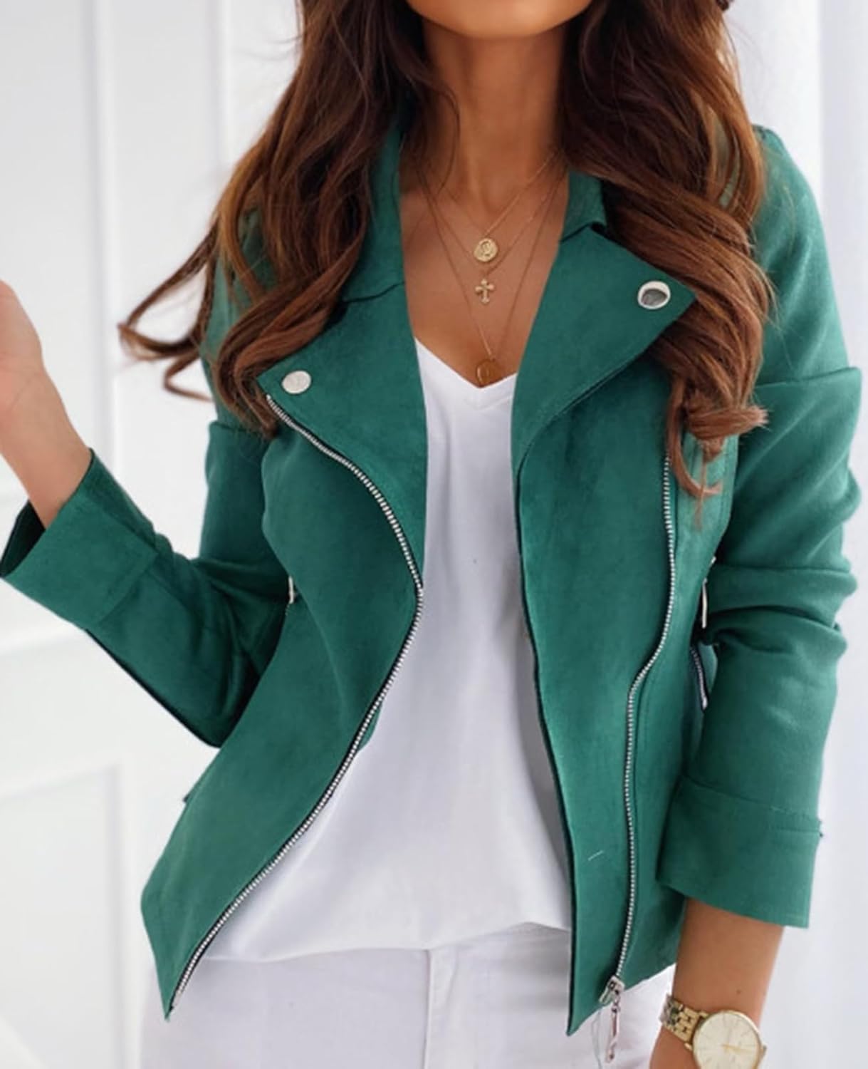Women's Faux Suede Leather Zipped Jacket Fall Long Sleeve Casual Slim Fit Short Coat With Pockets Outwear