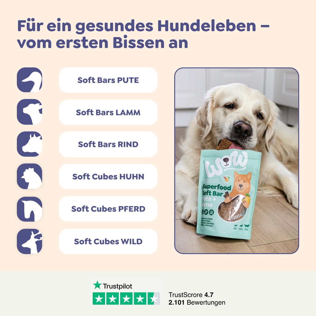 WOW Dog Superfood Soft Cubes mit Pferd 6 x 150g | Leckerlis ohne Getreide
