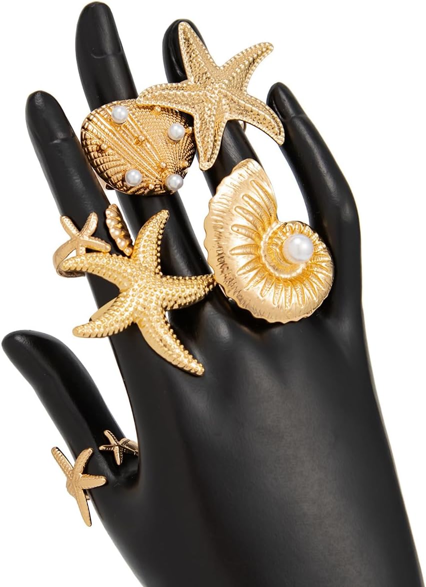 MIFYNN Chunky Gold Starfish Seashel Ring for Women Dainty Conch Pearl Ring Set Boho Ocean Stackable Rings Fashion Adjustable Beach Statement Rings Set Summer Charm Jewelry for Women - Image 7
