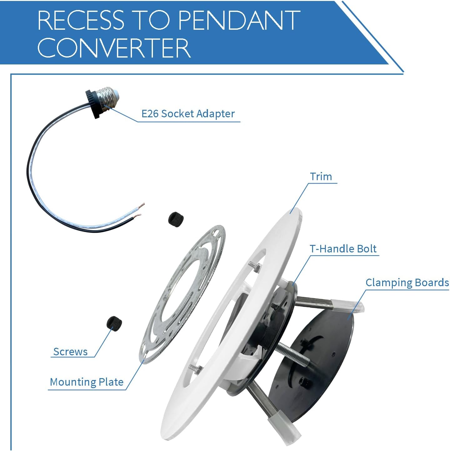 Jolux 5/6" Instant Recessed Can Light Conversion Kit to Pendant Light,Hanging Light Upgrade,for Ceiling Fan Light Fixture,White Finish,Ideal for Kitchen,Bedroom,Livingroom,2 Pack