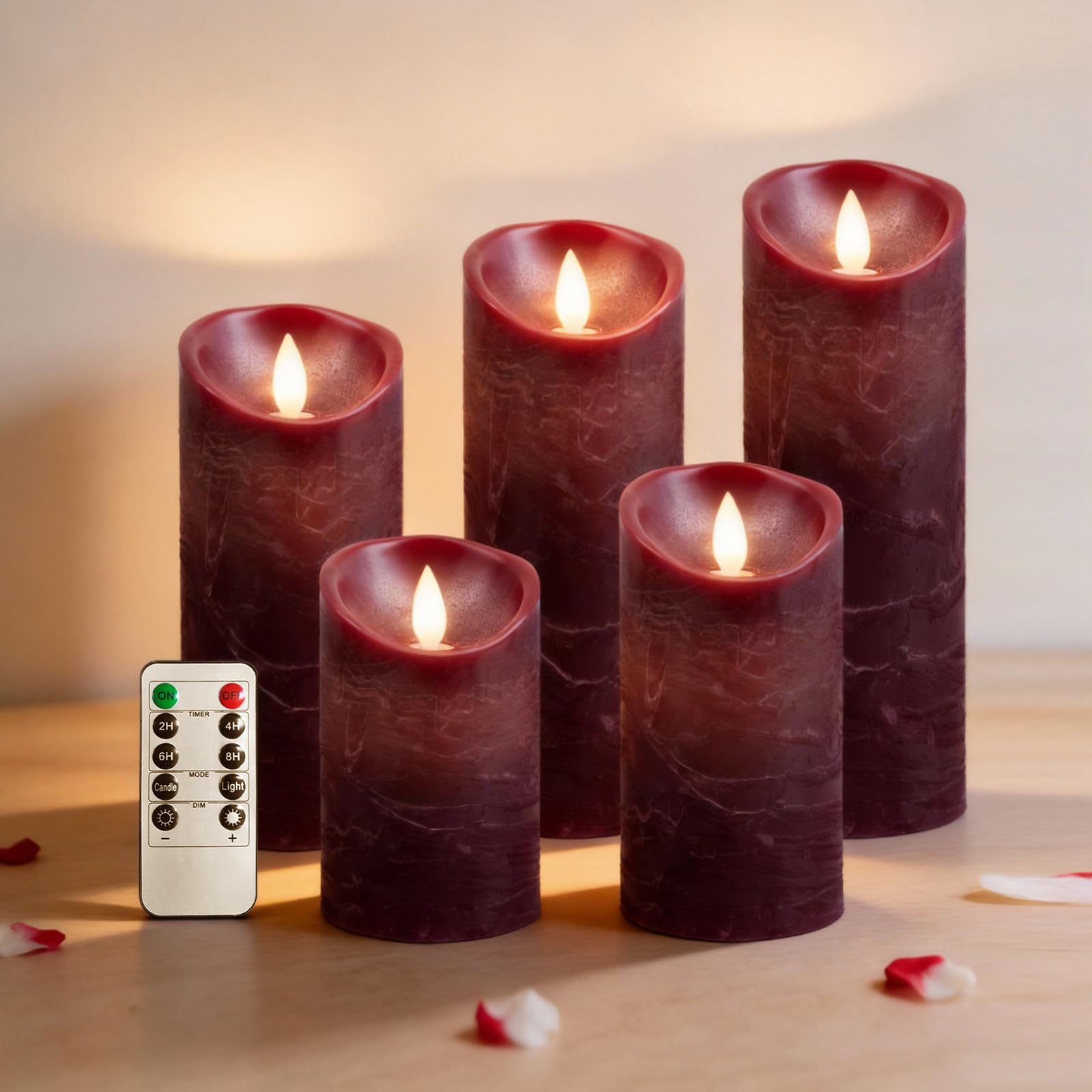 RosMank 5 Set LED Candles, Indoor & Outdoor Candles with 10-Key Remote Timer Control, Flameless, Real Wax, Flickering Flame Effect, Decoration for Christmas, Birthday, Wedding, Party, Red