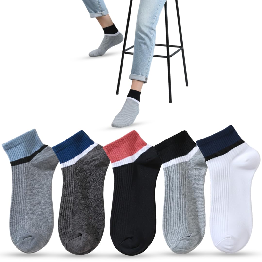 Solid Ribbed Ankle Socks for Men & Women | Cotton Blend, Breathable, Stretchable – Pack of 5 (Multicolor)-image-39