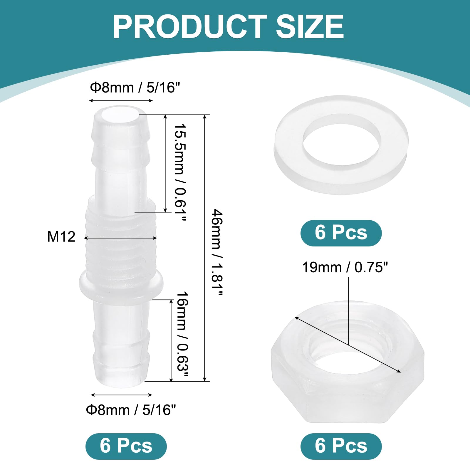 QUARKZMAN 6Pc Adattatori Per Tubi In Plastica A Innesto Barbato 5/16" x 5/16" (8mm x 8mm) Giunto Di Giunzione Passaparete Con Dado M12 E Rondella Per Acquari Aria Acqua Carburante