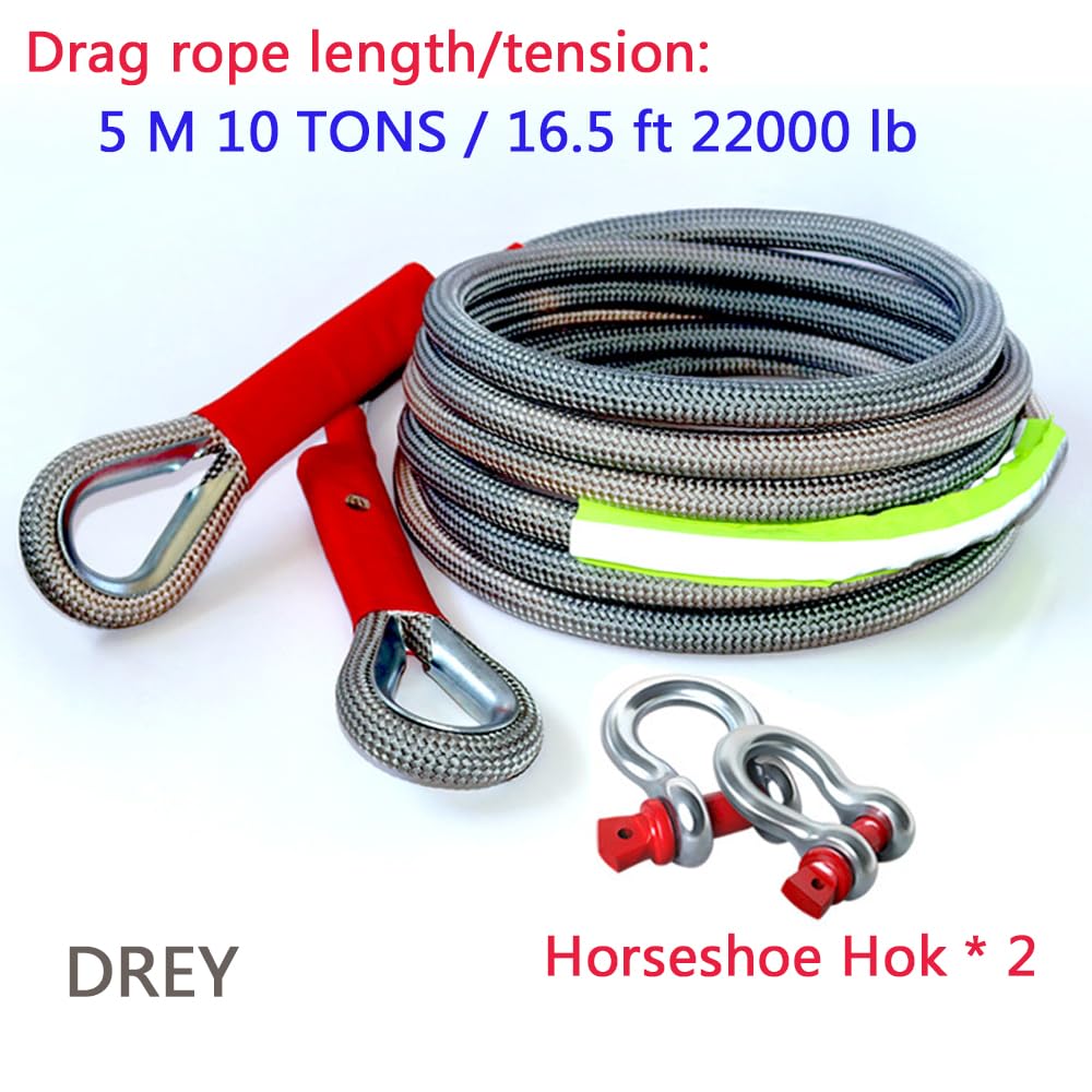 Corde de remorquage de récupération cinétique 5M10T Sangles de remorquage Robustes 22000 LB avec 2 manilles à Anneaux,Corde de remorquage cinétique en Nylon pour camionnette 4WD SUV ATV UTV ﻿ (5m10t)