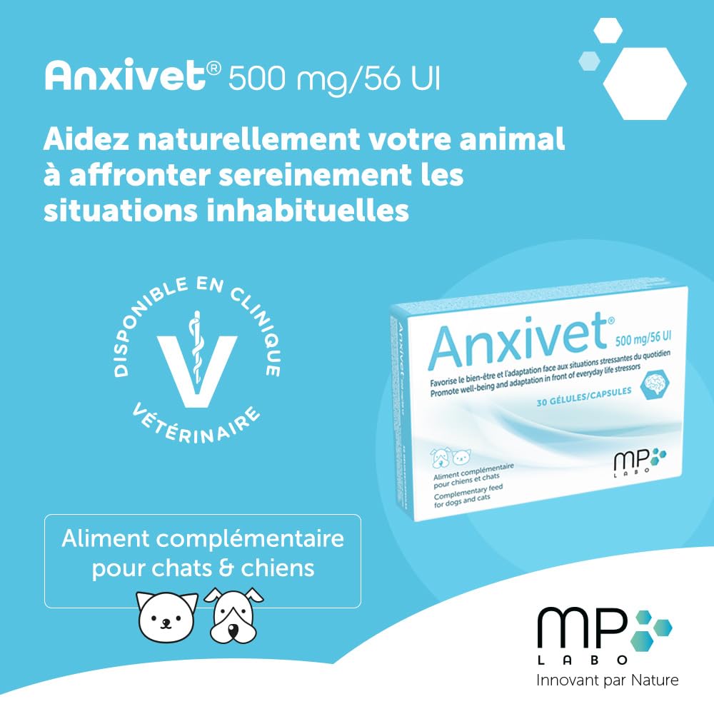 MP Labo Anxivet® - Favorise Le Bien-être et l'Adaptation Face aux Situations Stressantes du Quotidien pour Chien et Chat (500 MG 56 UI 30 gélules)