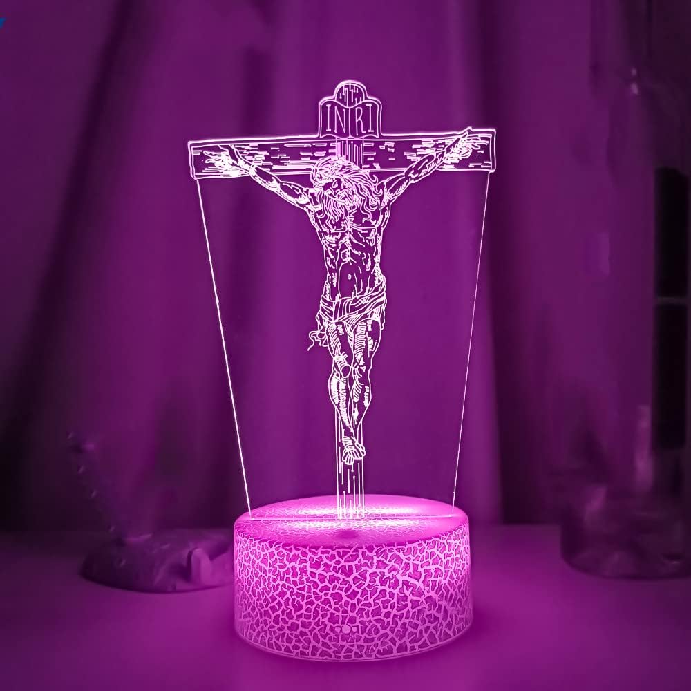 3D Jesus Cross Night Light Lamp Illusion 16 Color Changing Table Desk Decoration Lamps Gift with Acrylic Flat ABS Base USB Cable Toy