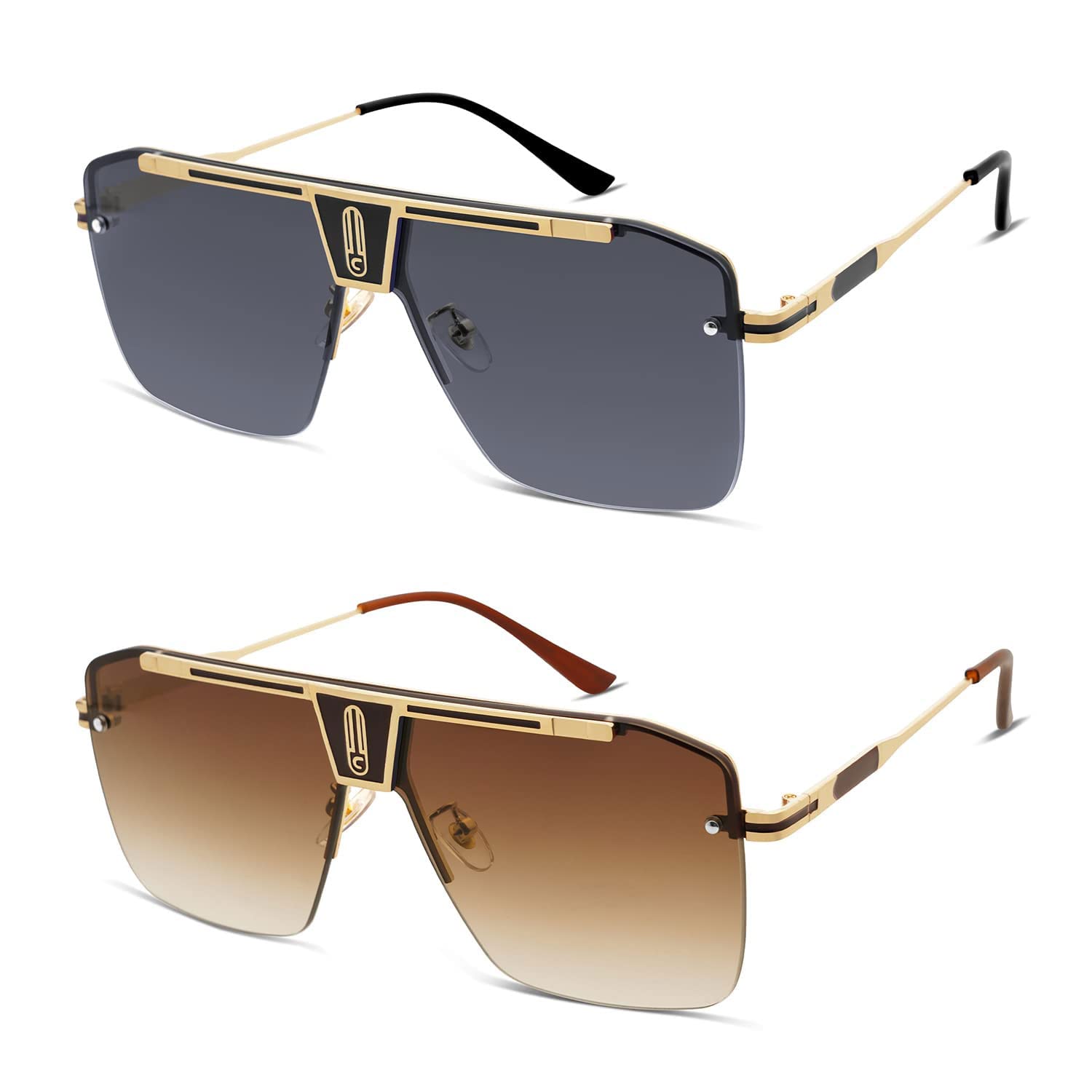 Rectangular Polarized Sunglasses for Men Women, Metal Frame Pilot Driver Fashion Sun Glasses, Driving UV 400 Protection for Sport Outdoor Hiking Golf Cycling Fishing Eyewear (Black+Brown)