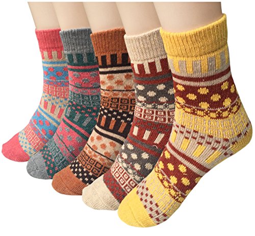 Chaussette Femme Homme Hiver en Laine Coton Tricot Chaude Épaisse Fantaisie Lot de 5,A2 (Multicolore),Taille unique Cover