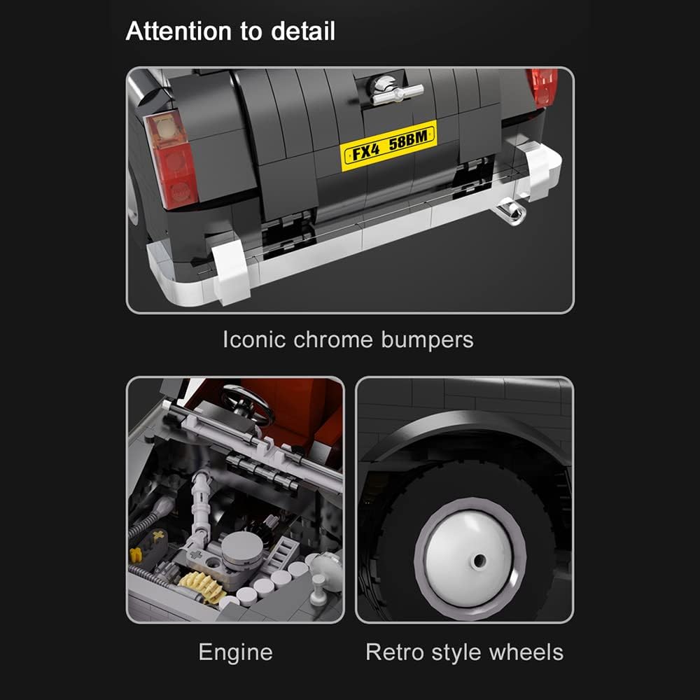 Close-up views of the CaDA London Taxi's engine, chrome bumpers, and retro wheels