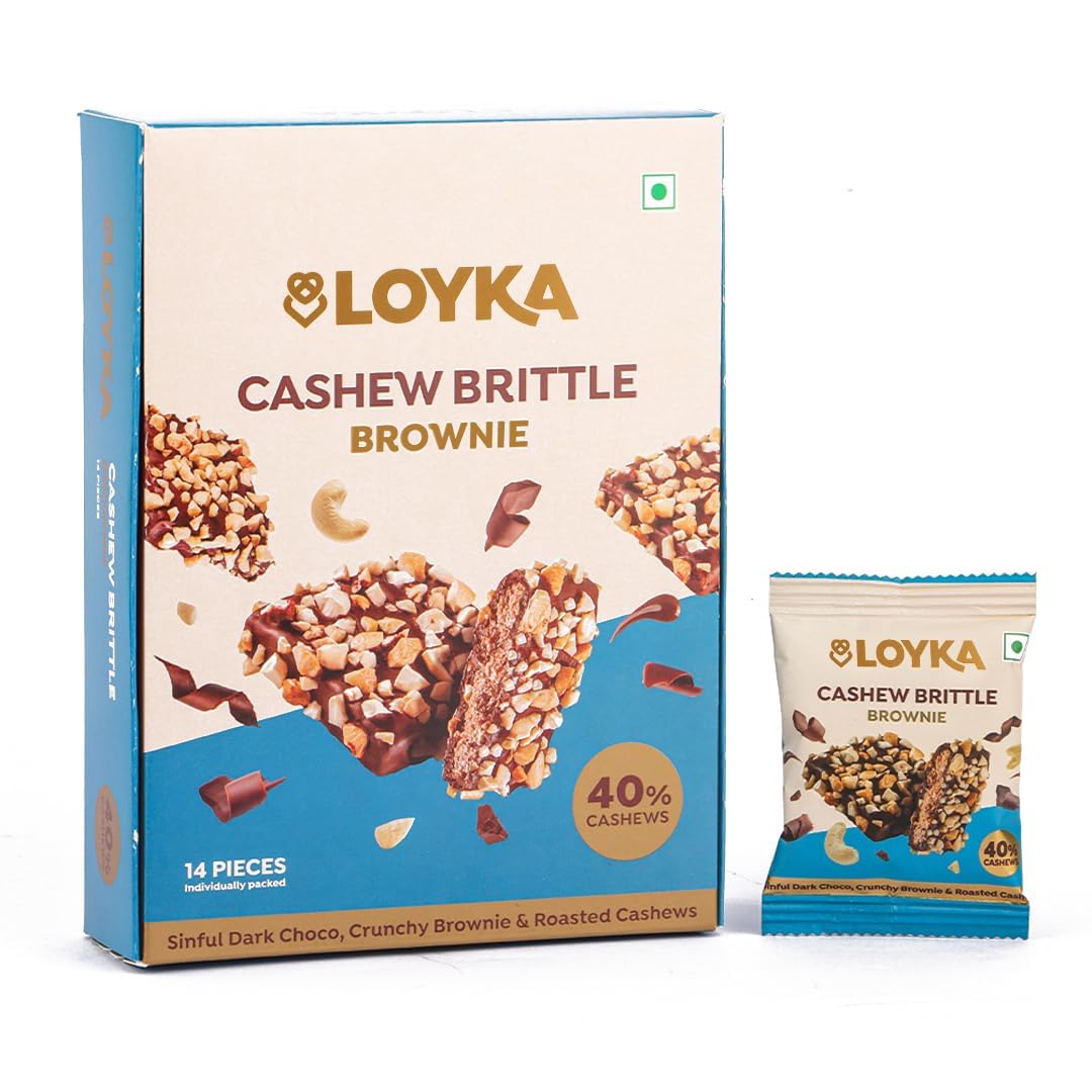 Loyka Cashew Brittle Brownie Box - 14 pcs| Premium Chocolate Gift Hamper | Choco & Nut Dryfruit Delicacy | Roasted Cashewnut (45%), Crunchy Brownie & Dark Choco | Any-time snack