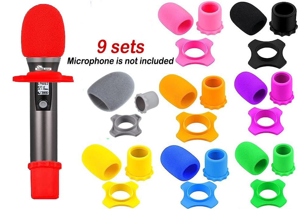 9 Sets Wireless Handheld Microphone Protection Foam Windscreens, Anti-rolling Rubber Rings and Shockproof Bottom Covers