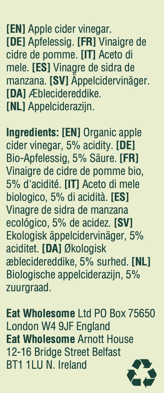 Eat Wholesome Vinaigre De Cidre De Pomme Biologique, 5L - Primé, Non Filtré, Naturellement Fermenté, Avec La Mère, 5% D'acidité, Végétalien