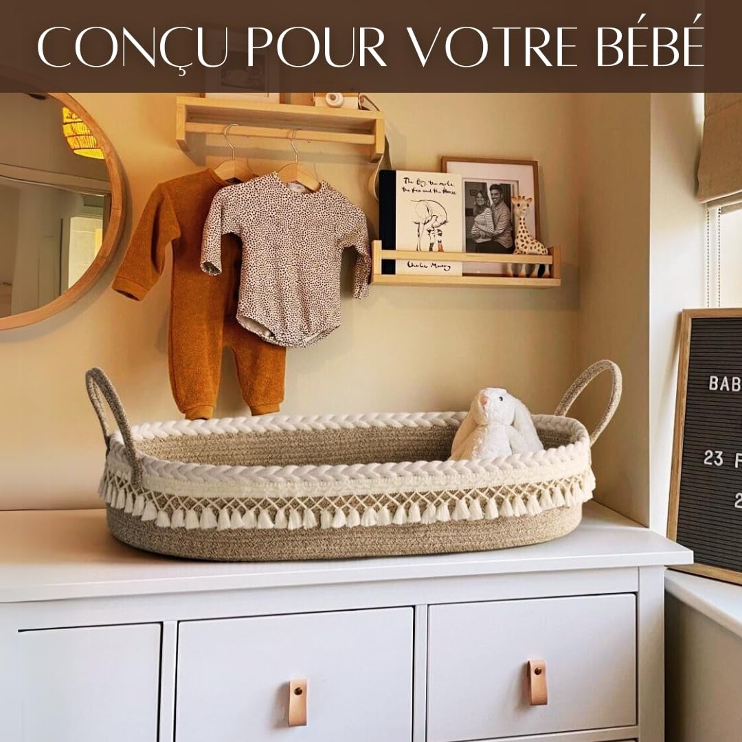 SEBRAM Panier à Langer Bébé – Matelas à Langer Portable et Imperméable, Panier de Change Tissé, Style Bohème Chic pour Table à Langer et Commode (Beige)