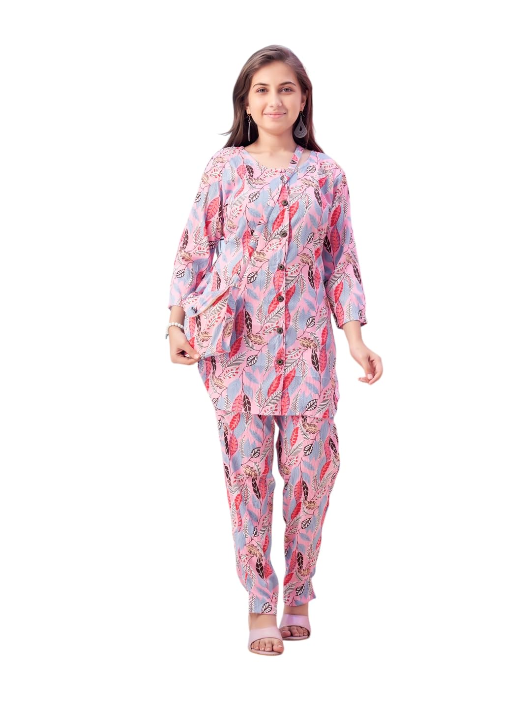 Aarika Girls Casual Wear Beige Colour Leaf Print Polyester Co-ord Set