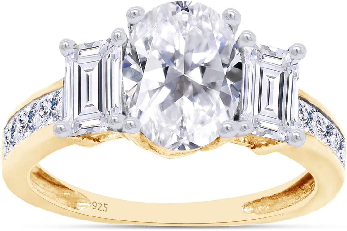 SAVEARTH DIAMONDS Three Stone Ring, Center 8X6MM Oval Cut With Baguette And Princess Cut Sparkling Cubic Zirconia Engagement Ring In 14k Gold Over Sterling Silver Jewelry For Women