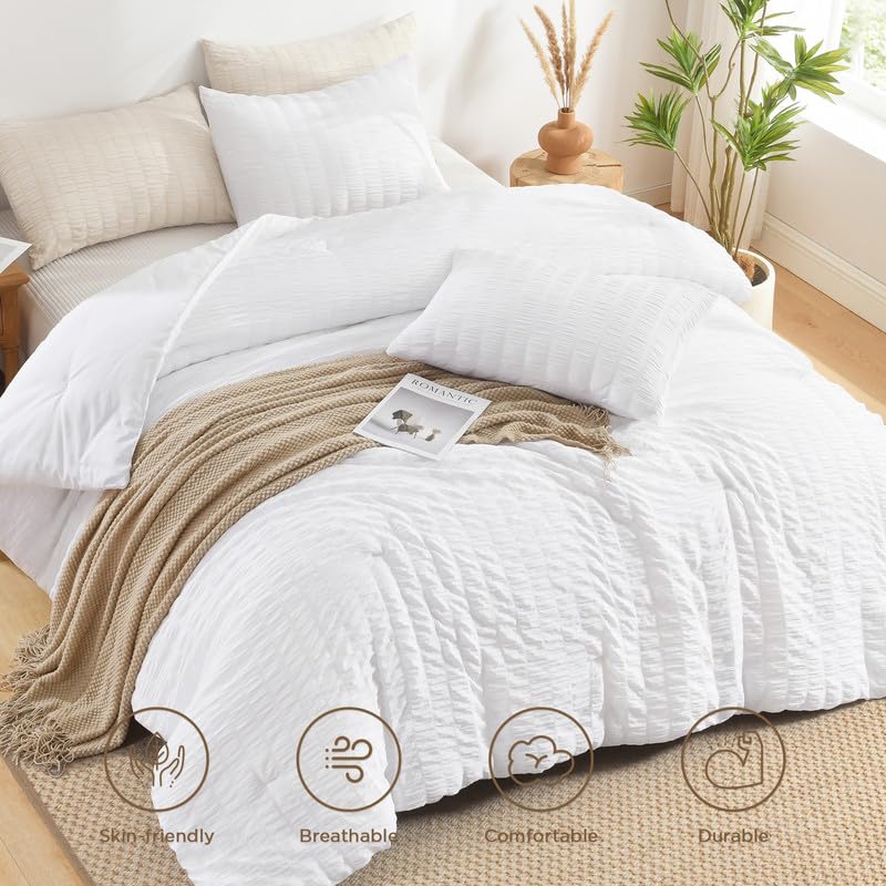 Image of AveLom Seersucker King Comforter Set (104x90 inches), 3 Pieces - 100% Soft Washed Microfiber Lightweight Comforter with 2 Pillowcases, All Season Down Alternative Comforter Set for Bedding, White