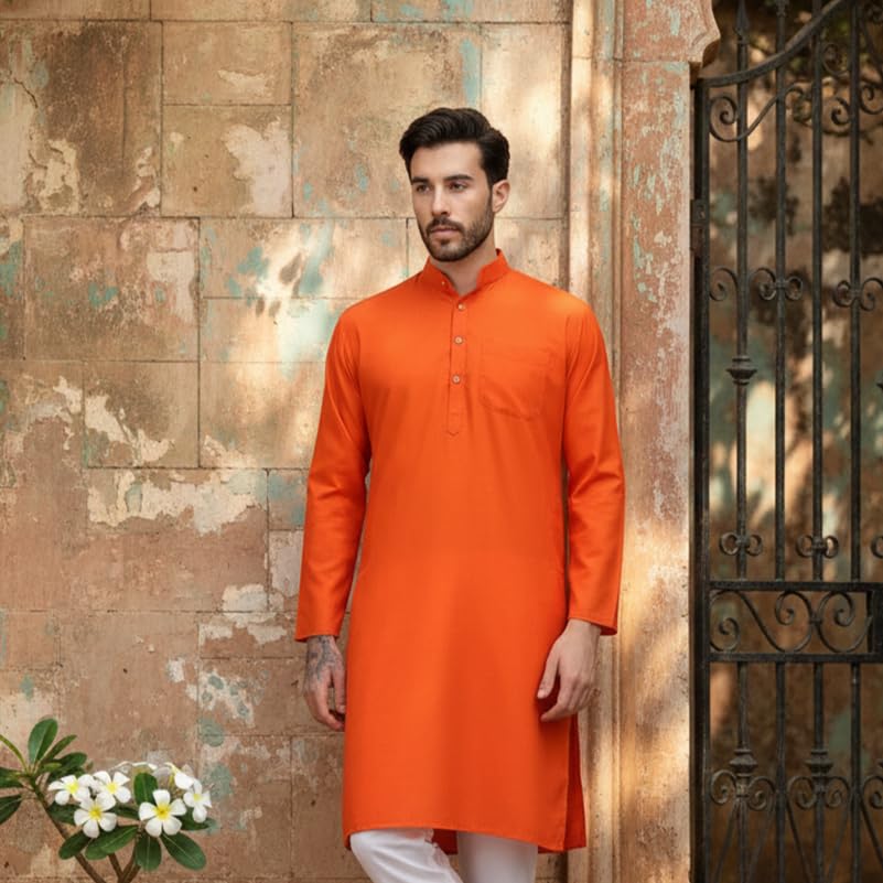 Image of Men's Cotton Blend Blend Knee Length Solid Color Style Stright Long Mandrin Collor Ethnic Casual Wear Kurta Only