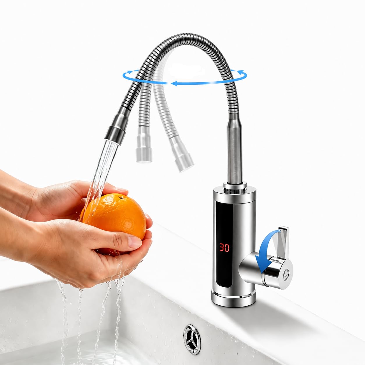 Wasserhahn mit Durchlauferhitzer, 3000W Edelstahl 304 Elektrischer Wasserhahn mit LED Display und 2xSchläuche, IPX4 Trockenlaufschutz und Auslaufschutz 360°Swivel Küchenarmatur mit Durchlauferhitzer