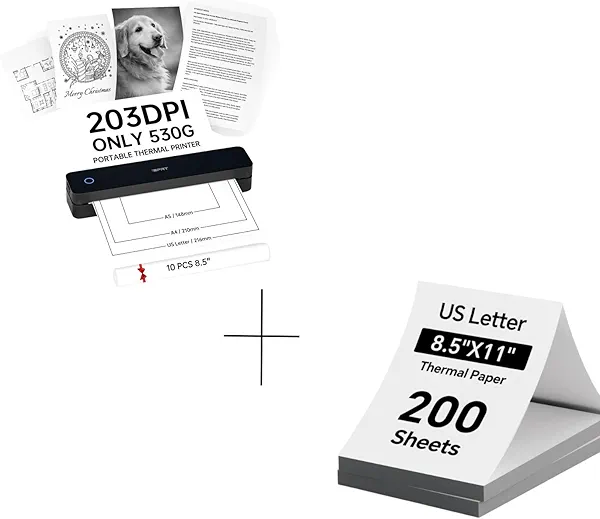 iDPRT Portable-Printer + 200 Sheets 8.5"x 11" Sized Thermal Paper
