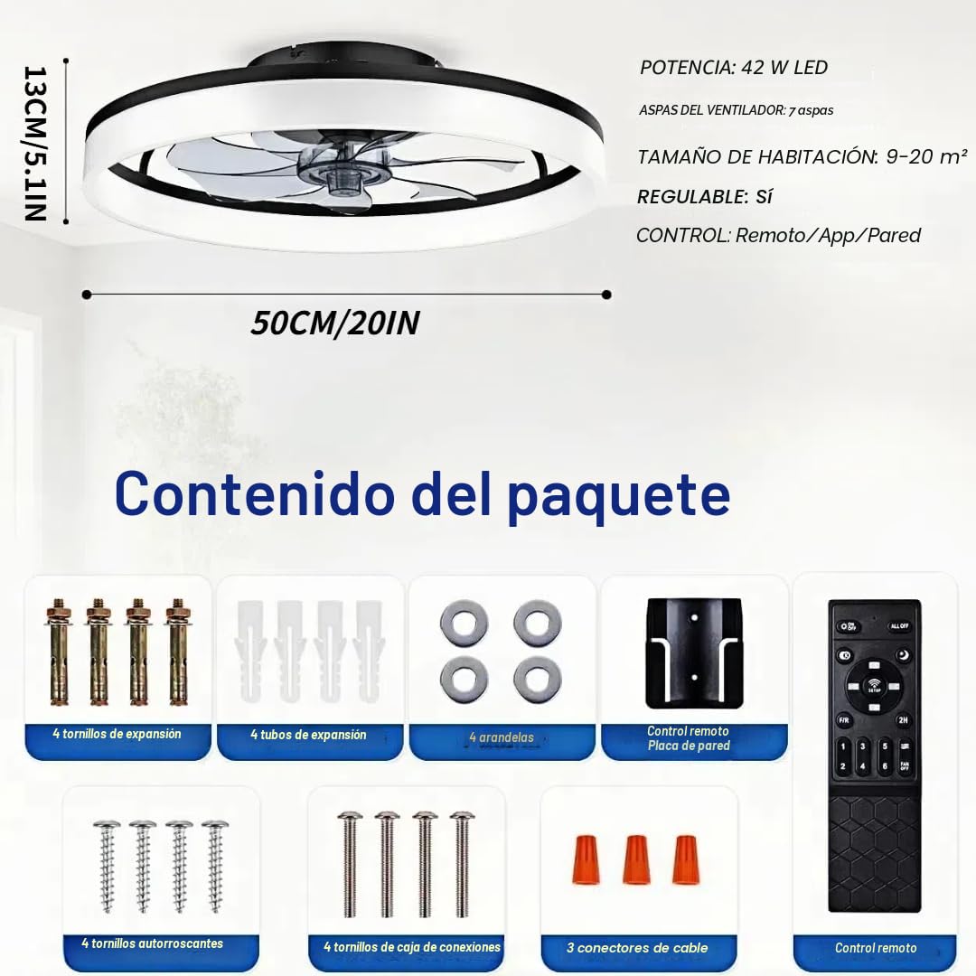 50cm Ventilador de techo 48W con iluminación y mando a distancia LED Regulable Ventilador de Techo con luz 6 Velocidades Ventiladores techo Dormitorio Cocina Comedor