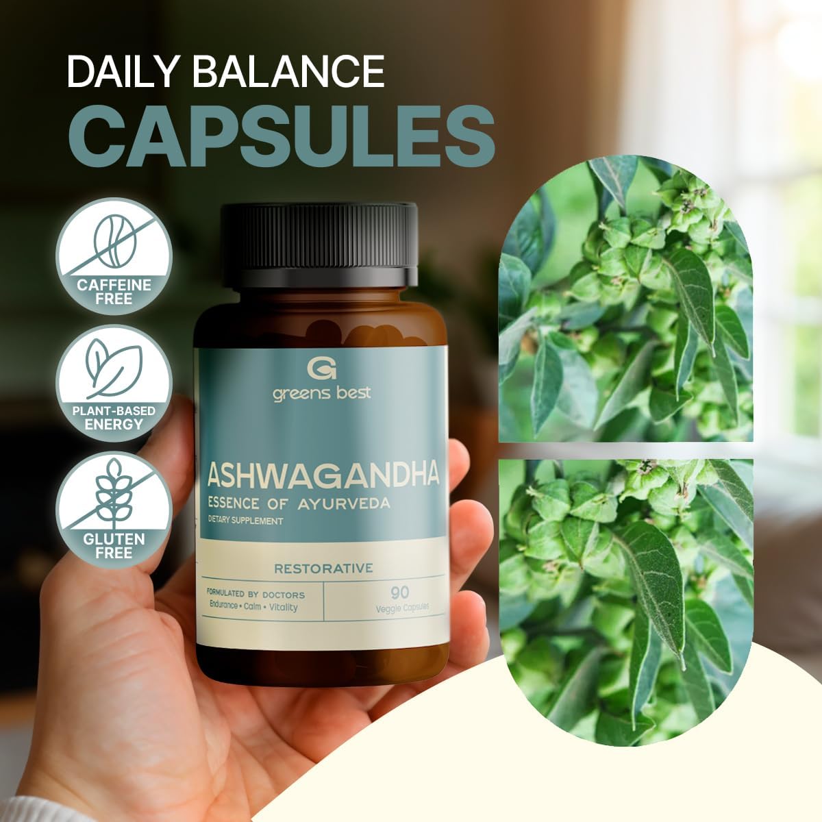 GREEN'S BEST Ashwagandha Capsules – Stress & Mood Support, Energy & Relaxation – Organic Adaptogen Supplement for Calm & Focus – 90 Vegan Capsules