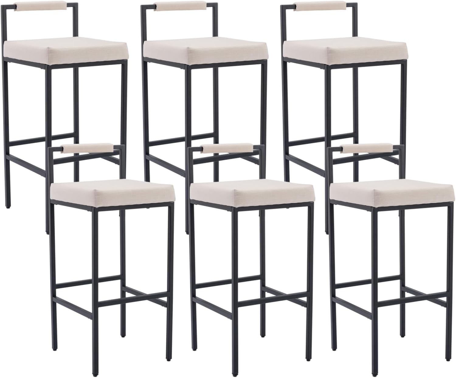 Shunzhi White Modern Bar Stools Set of 4 Upholstered Industrial Bar Height Barstools with Back/Metal Legs Square Tall Bar Chairs Linen Counter Stools for Home Bar/Kitchen Island/Pub,30 Inch