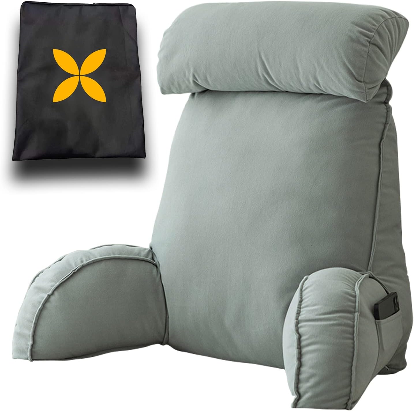 Back Support Reading Pillow for Bed, Detachable Neck Pillow, Pocket & Portable Handle, Great for Back Support, Bed, Gaming, Reading, Relaxing or Watching TV 75 x 40 x 58 cm