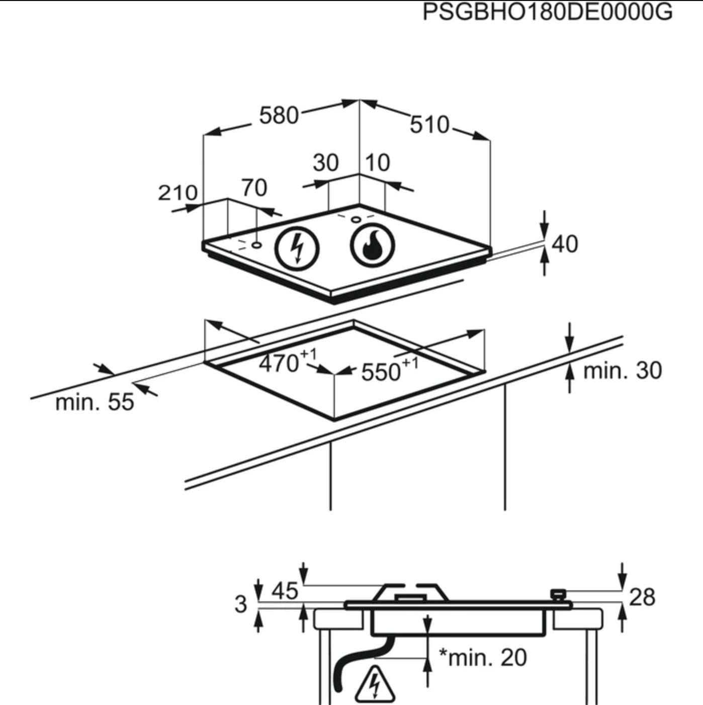 Technical drawing showing the dimensions of the Electrolux EGG6407K gas hob and the required countertop cut-out dimensions in millimeters.