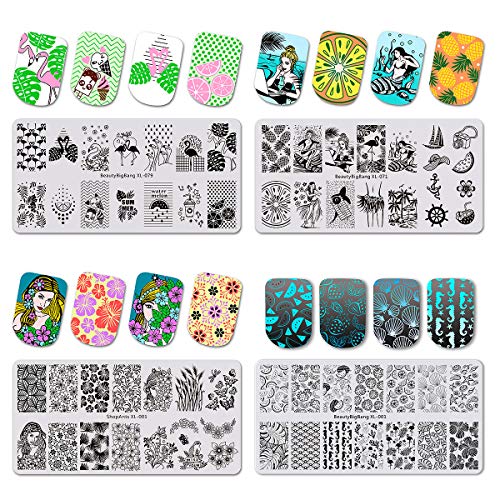 CINPIUK 4 Set Tropical Nail Stamping Plates Summer Theme Nail Art Templates DIY Nail Manicure Decals