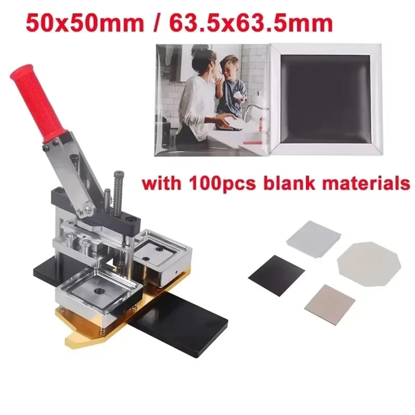 Pin Badge Making Kit Pressa per badge per frigorifero quadrata 50x50mm/63.5x63.5mm Macchina per la produzione di magneti per frigorifero rotante manuale(63.5x63.5mm Set)