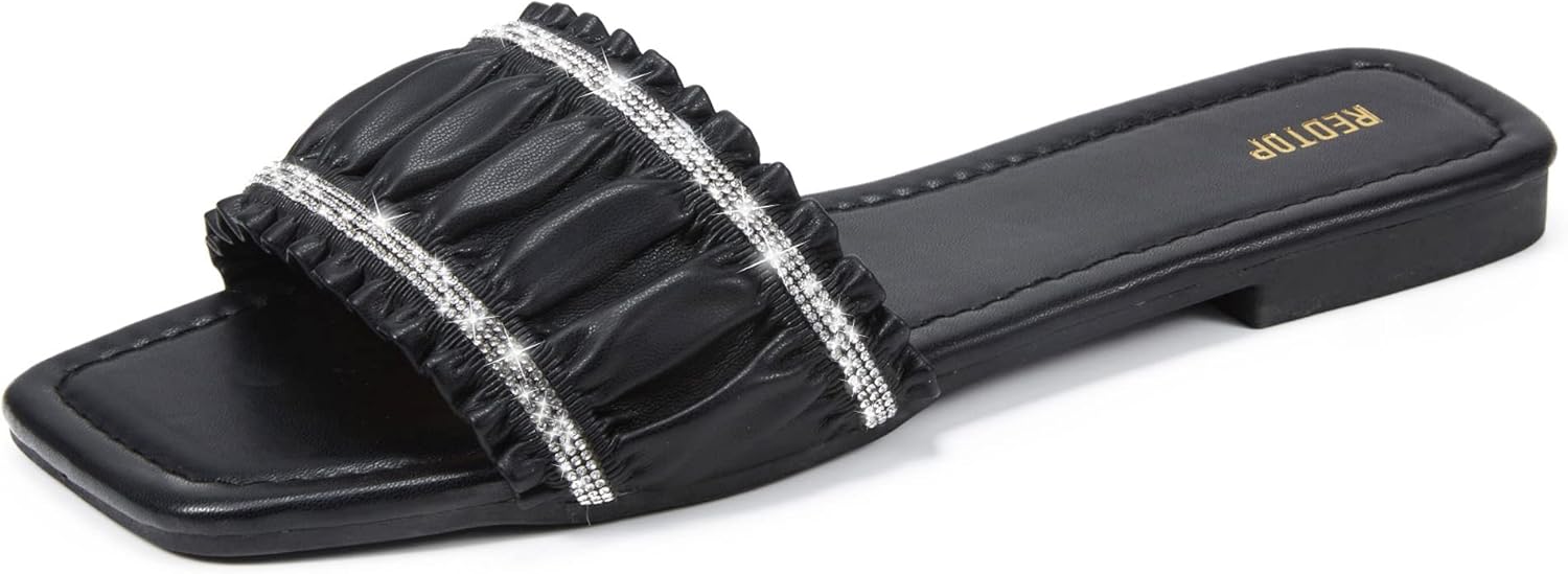 REDTOP Women's Square Open Toe Ruffle Flat Sandals Rhinestone Slip On Slides Sandals