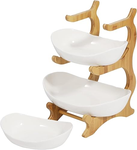 Miniatura 9 de RIQUIPAI Cesta de frutas de 3 niveles, cesta de frutas y verduras blancas, bandeja de frutas, soporte de cuenco para frutas, nueces, aperitivos,