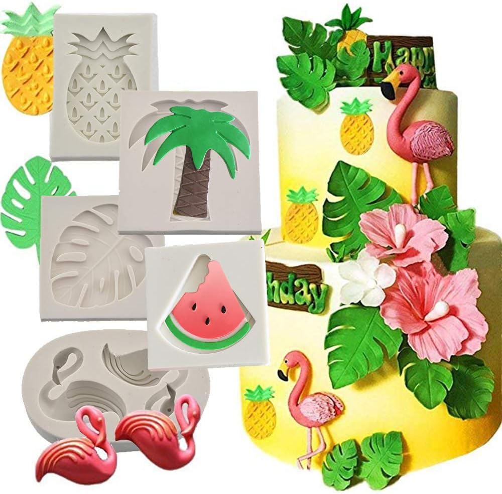 Flamingo Coconut Tree Watermelon Leaves Pineapple Silicone Fondant Mould Sugar Paste Cake Cupcake Design Mat Silicone Mould for Cake Decorating Cupcakes Sugarcraft Candies【New Version】